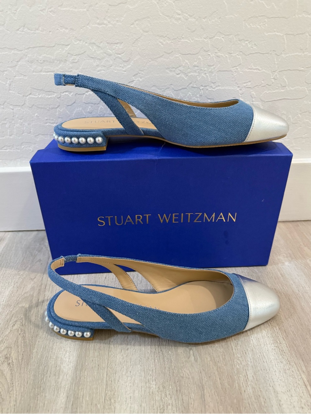 Stuart Weitzman NWT Denim Pearl Embellished Slingback Flats